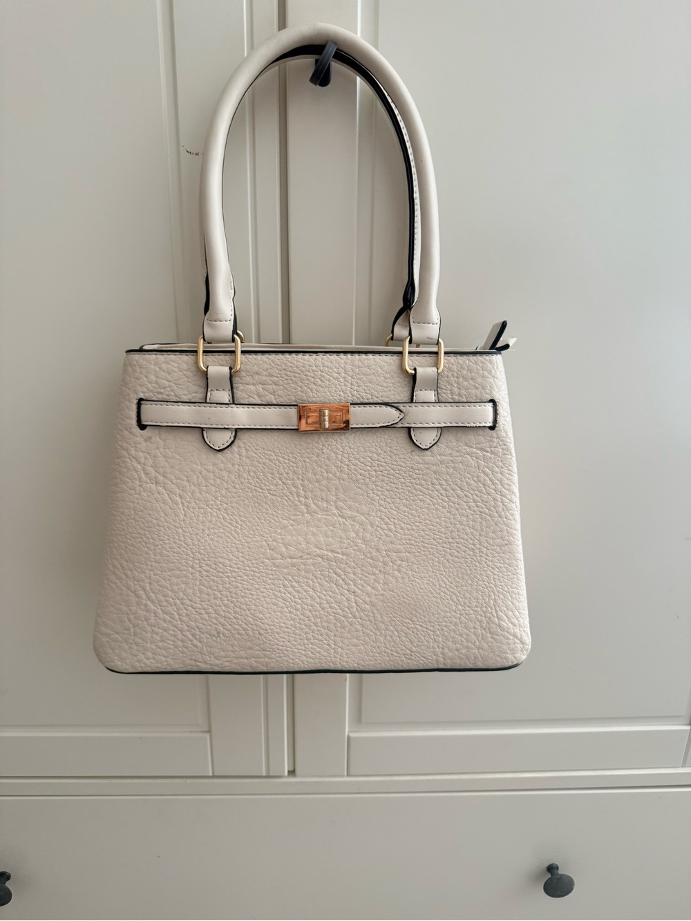 Structured Cream Satchel Handbag with Gold-Tone Accent